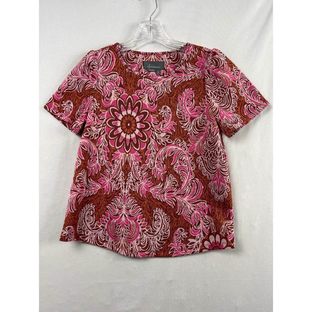 Anthropologie Knit Top Women XS Pink Brown Paisley Floral Metallic Short Sleeve